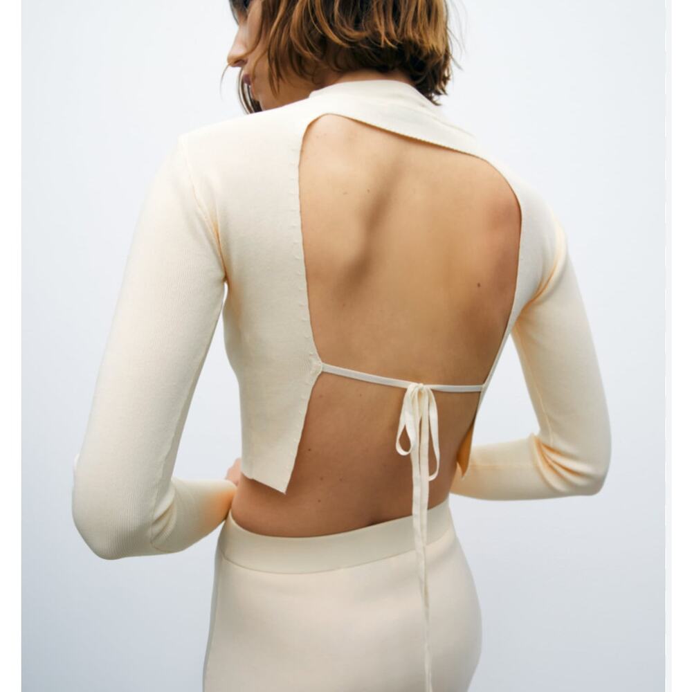 Zara  Open Tie Back Cropped Knit Sweater Women's Small Yellow-Cream Mock Neck